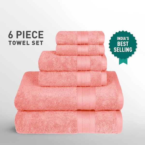 Soft Comfort 6Pc Towel Set, Coral Haze|509 GSM Cotton|Air Rich Technology