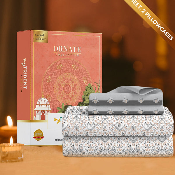 Carnival Ornate Queen Bedsheet, Mehandi Grey |144 TC Cotton| 2 Pillow Covers