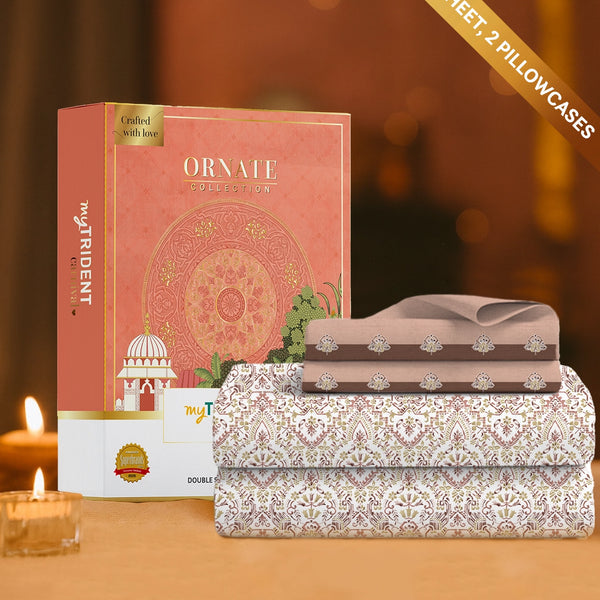 Carnival Ornate Queen Bedsheet, Mehandi Rust |144 TC Cotton| 2 Pillow Covers