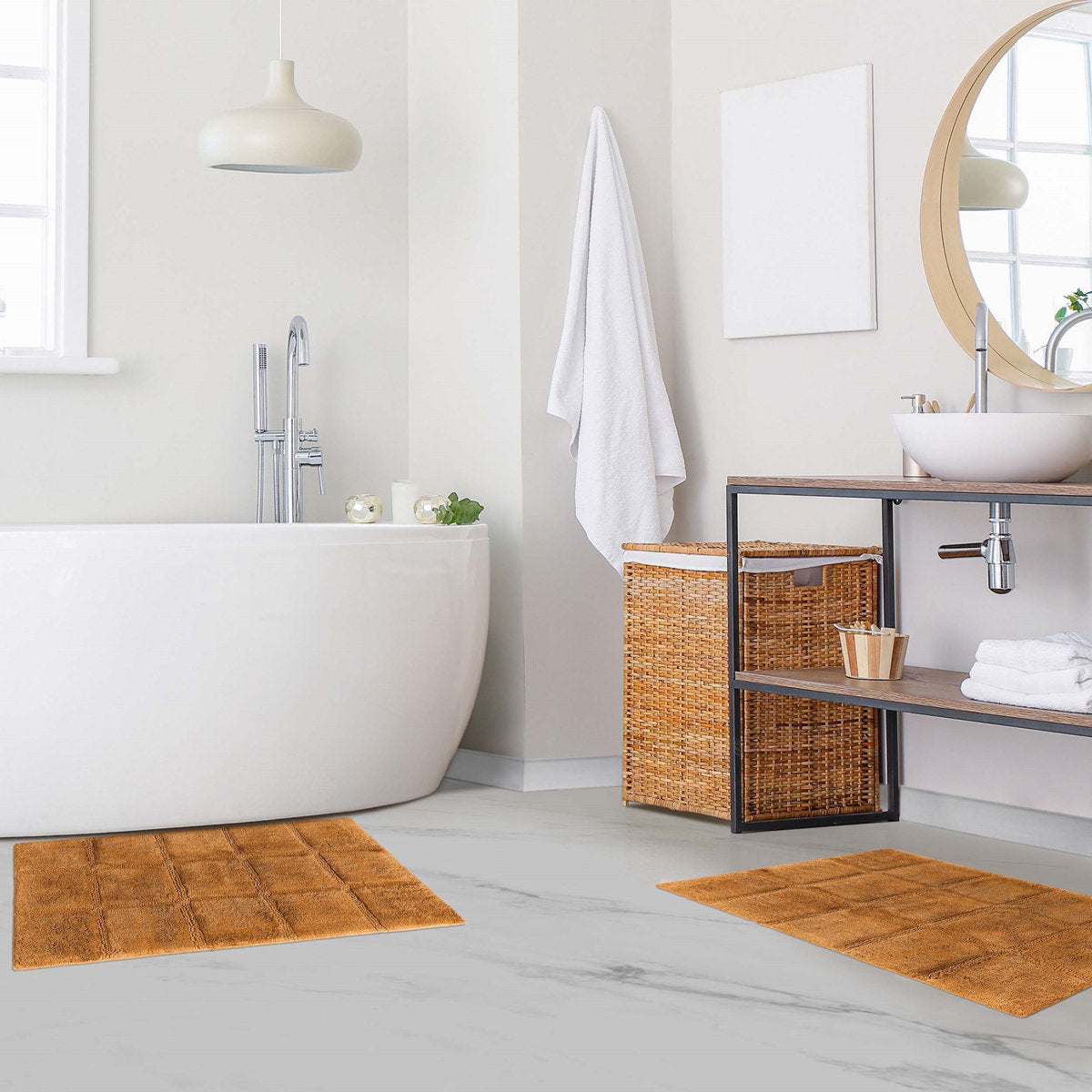 Sandcliff Checkered Cotton Non-Skid Machine Washable 2 Piece Bathroom Rug Set