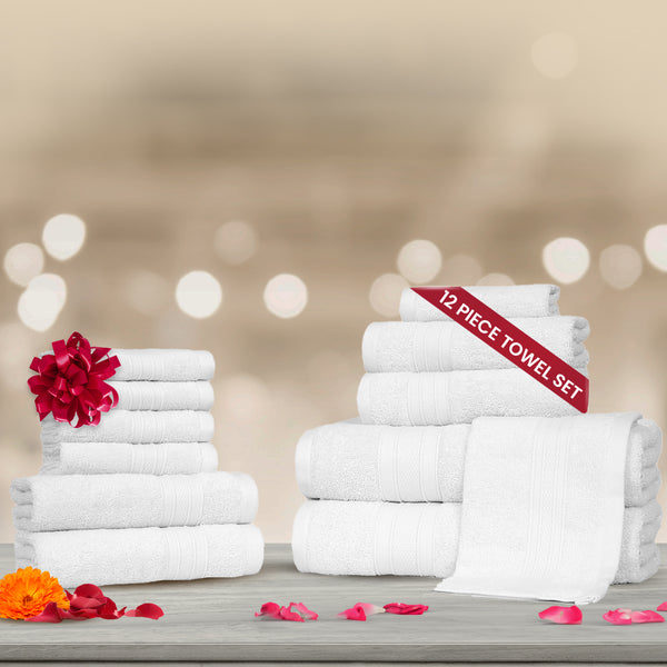 Soft Comfort 12Pc Towel Set, White|509 GSM Cotton|Air Rich Technology