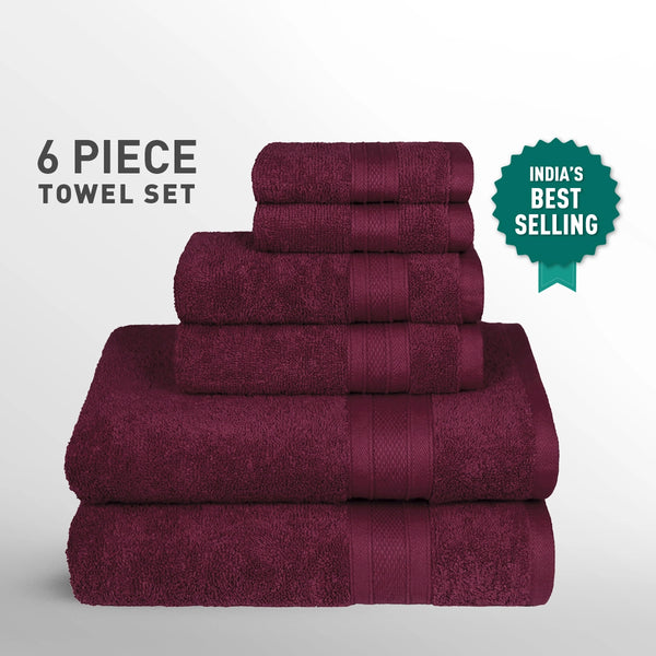Soft Comfort 6Pc Towel Set, Red Wine|509 GSM Cotton|Air Rich Technology