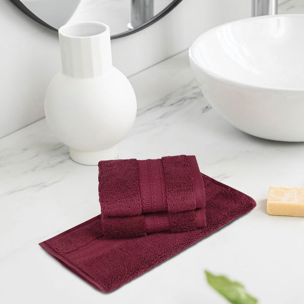 Luxury 3 Pc Face Towel Set, Berry Wine|625 GSM Premium Cotton| Antimicrobial