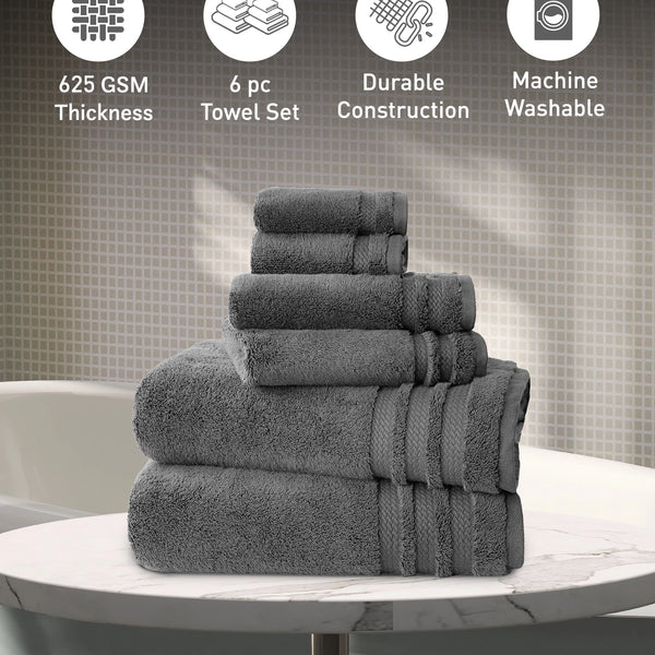 Luxury 6 PC Towel Set, Charcoal|625 GSM Cotton|Anti Microbial