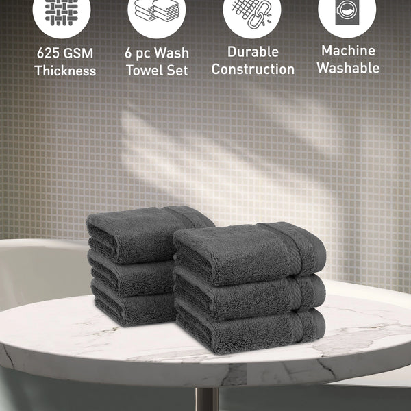 Luxury 6 PC Face Towel Set, Charcoal|625 GSM Cotton|Anti Microbial