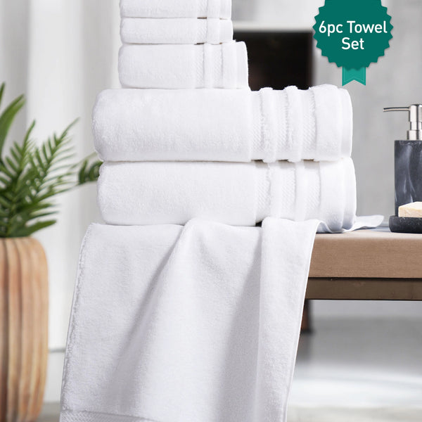 Luxury 6 PC Towel Set, White|625 GSM Cotton|Anti Microbial