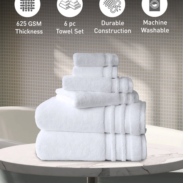 Luxury 6 PC Towel Set, White|625 GSM Cotton|Anti Microbial