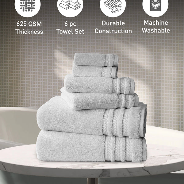 Luxury 6 PC Towel Set, Grey|625 GSM Cotton|Anti Microbial