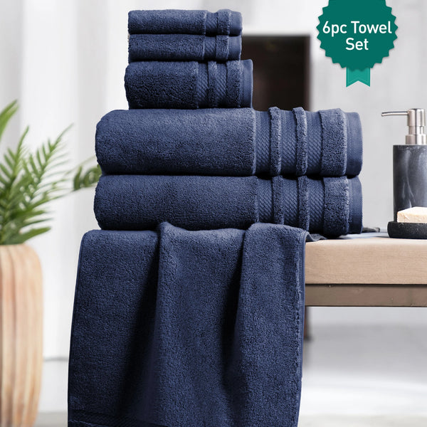 Luxury 6 PC Towel Set, Navy|625 GSM Cotton|Anti Microbial