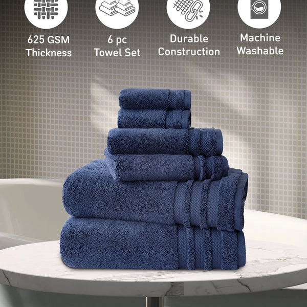 Luxury 6 PC Towel Set, Navy|625 GSM Cotton|Anti Microbial