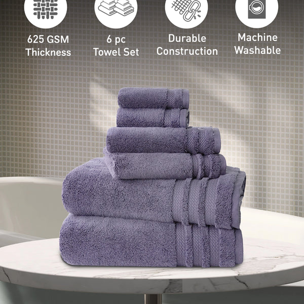 Luxury 6 PC Towel Set, Purple|625 GSM Cotton|Anti Microbial