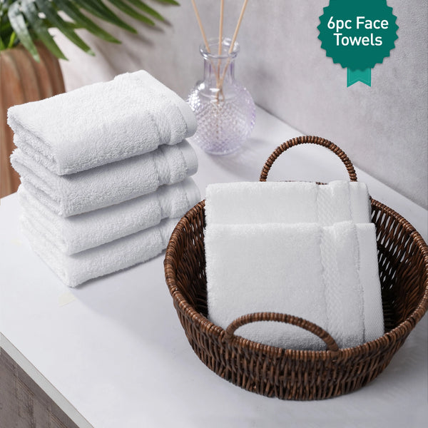 Luxury 6 PC Face Towel Set, White|625 GSM Cotton|Anti Microbial