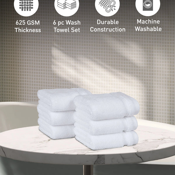 Luxury 6 PC Face Towel Set, White|625 GSM Cotton|Anti Microbial