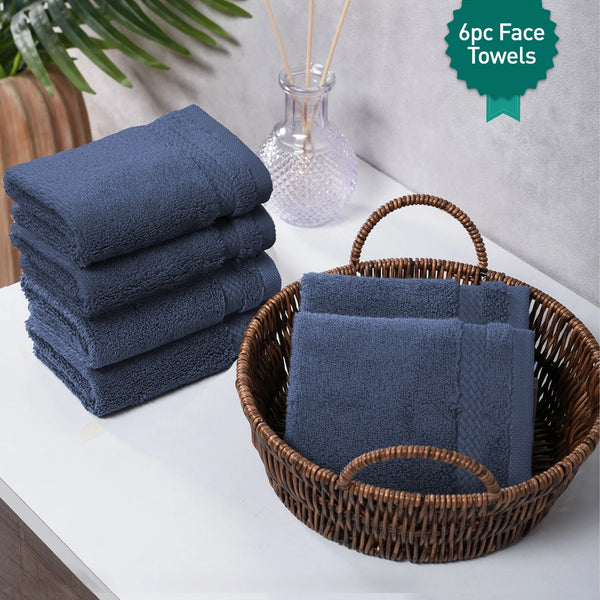Luxury 6 PC Face Towel Set, Navy|625 GSM Cotton|Anti Microbial