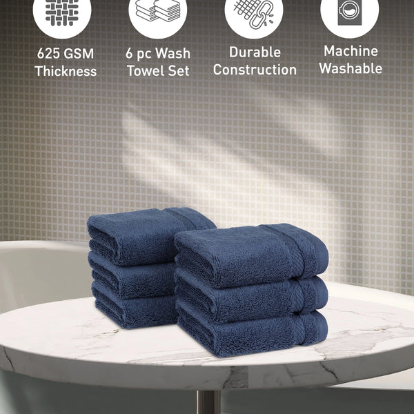 Luxury 6 PC Face Towel Set, Navy|625 GSM Cotton|Anti Microbial