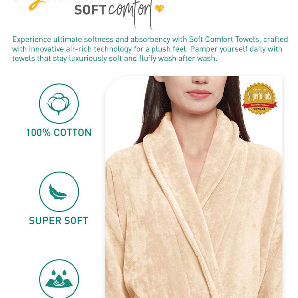 Soft Comfort Unisex Large Bathrobe, Bleached Sand| 300 GSM Cotton| Sheared Velvet Touch