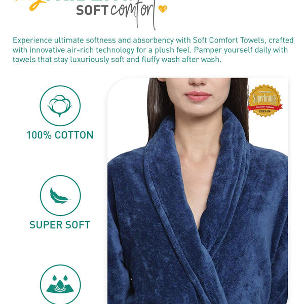 Soft Comfort Unisex Large Bathrobe, Medieval Blue| 300 GSM Cotton| Sheared Velvet Touch