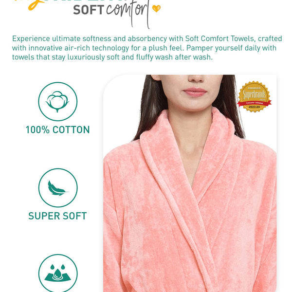 Soft Comfort Unisex Large Bathrobe, Tender Peach| 300 GSM Cotton| Sheared Velvet Touch