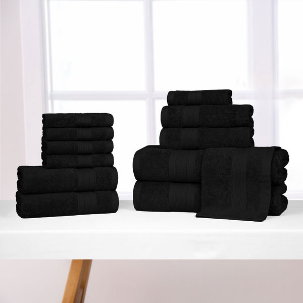 Soft Comfort 12Pc Towel Set, Black|509 GSM Cotton|Air Rich Technology