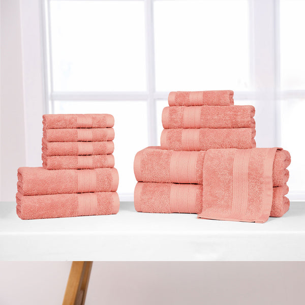 Soft Comfort 12Pc Towel Set, Coral Haze|509 GSM Cotton|Air Rich Technology
