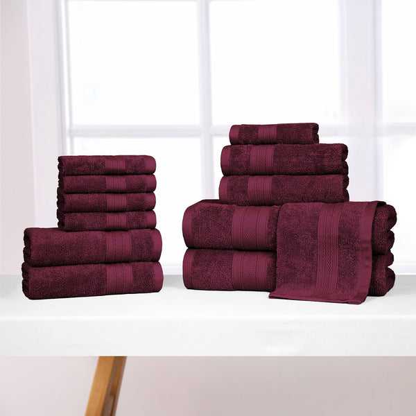 Soft Comfort 12Pc Towel Set, Red Wine|509 GSM Cotton|Air Rich Technology