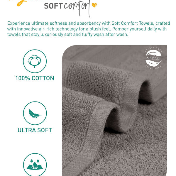 Soft Comfort 3Pc Towel Set, Charcoal|509 GSM Cotton|Air Rich Technology