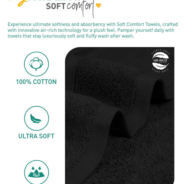 Soft Comfort 6Pc Face Towel Set, Black|509 GSM Cotton|Air Rich Technology