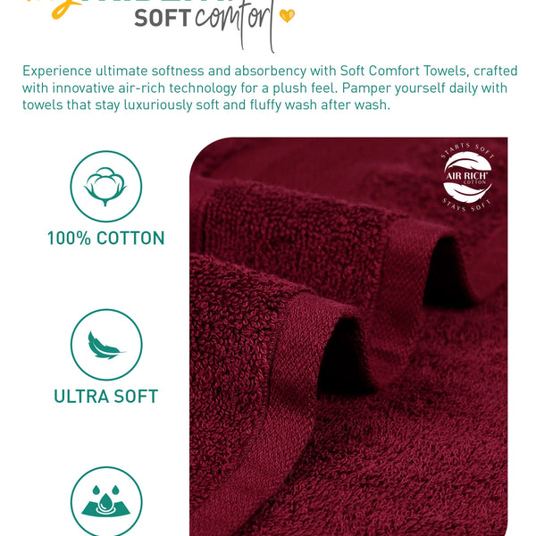 Soft Comfort 6Pc Face Towel Set, Red Wine|509 GSM Cotton|Air Rich Technology