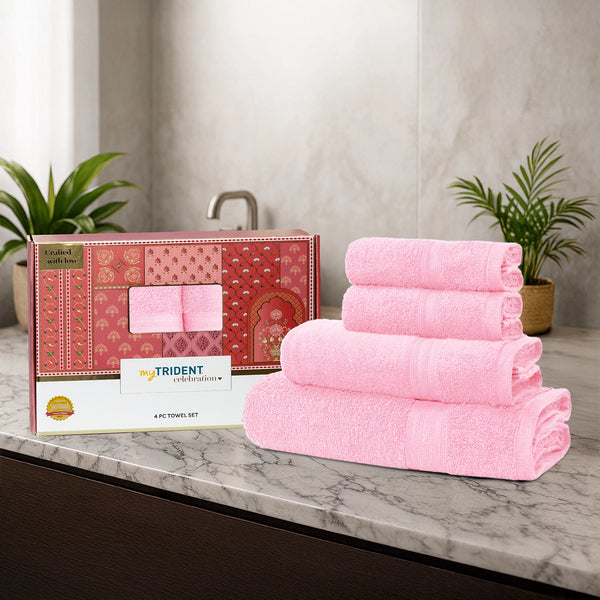 Celebration 4Pc Towel Gift set, Powder Pink| 450 GSM Cotton