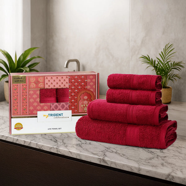 Celebration 4Pc Towel Gift set, Lovely Red | 450 GSM Cotton