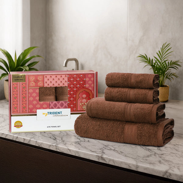 Celebration 4Pc Towel Gift set, Cafe Noir | 450 GSM Cotton