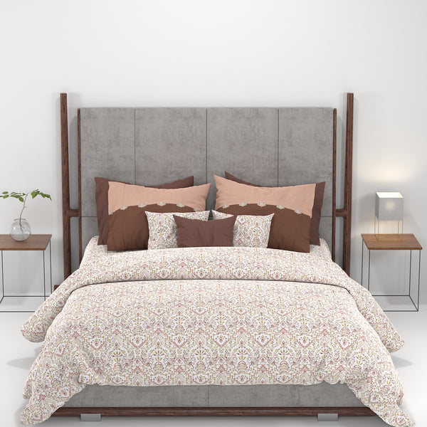 Carnival Ornate Queen Bedsheet, Mehandi Rust |144 TC Cotton| 2 Pillow Covers