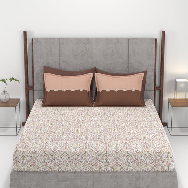 Carnival Ornate Queen Bedsheet, Mehandi Rust |144 TC Cotton| 2 Pillow Covers