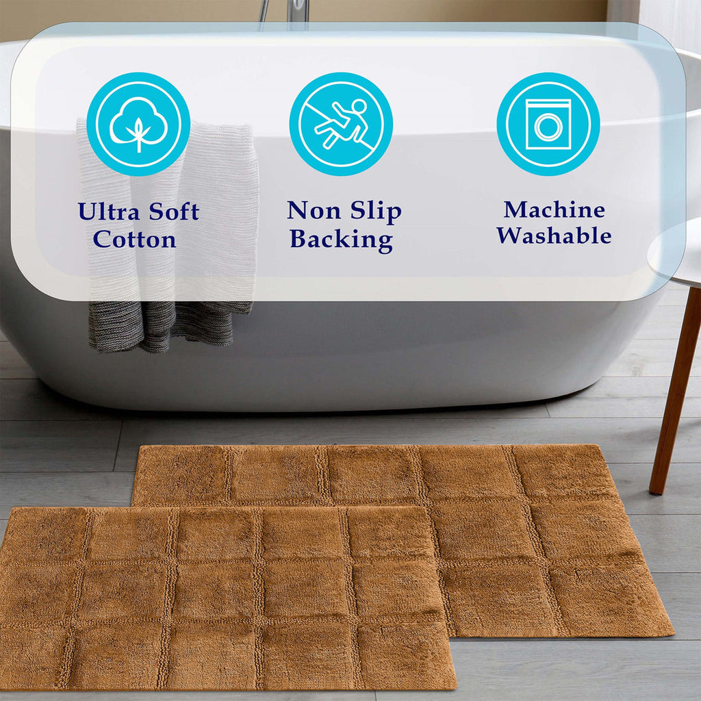 Sandcliff Checkered Cotton Non-Skid Machine Washable 2 Piece Bathroom Rug Set