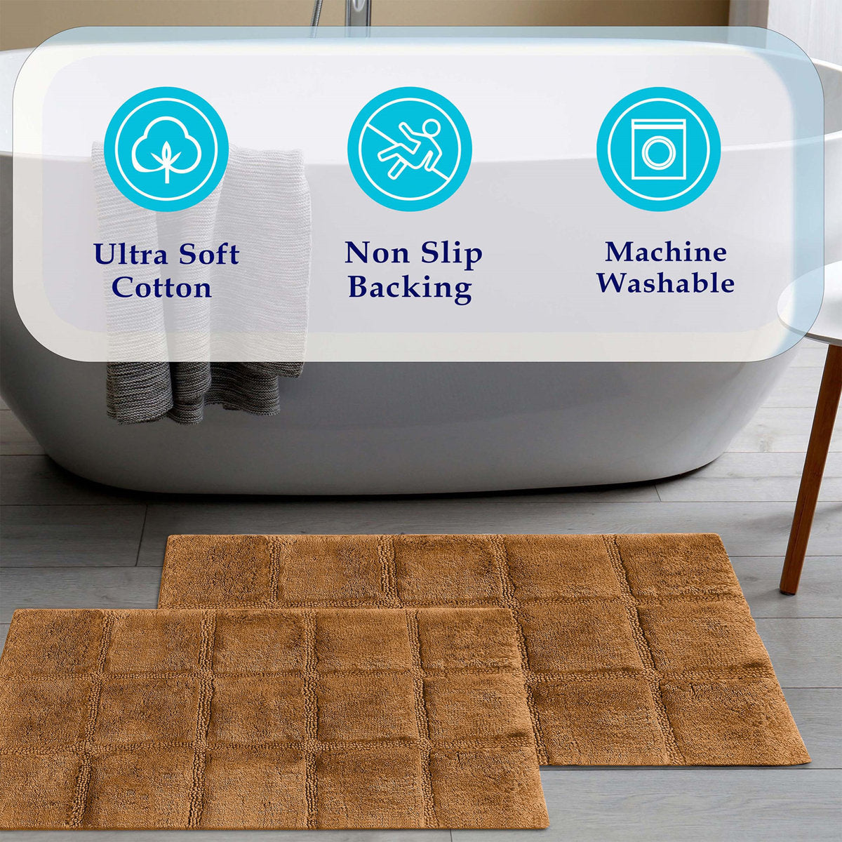 Sandcliff Checkered Cotton Non-Skid Machine Washable 2 Piece Bathroom Rug Set
