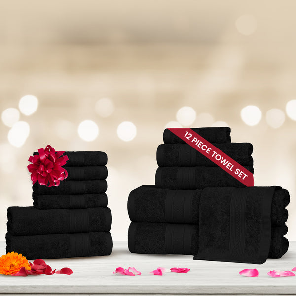 Soft Comfort 12Pc Towel Set, Black|509 GSM Cotton|Air Rich Technology