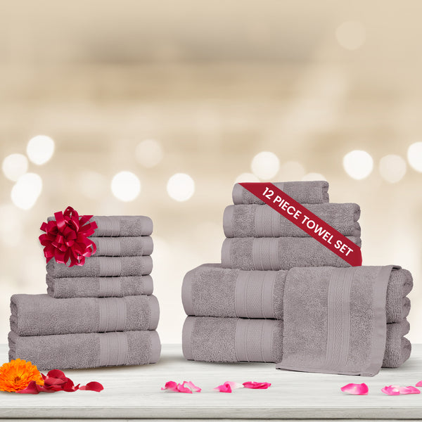 Soft Comfort 12Pc Towel Set, Charcoal|509 GSM Cotton|Air Rich Technology