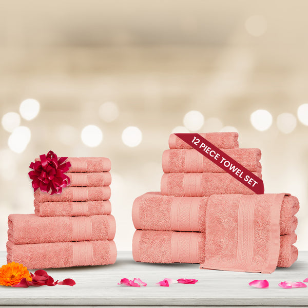 Soft Comfort 12Pc Towel Set, Coral Haze|509 GSM Cotton|Air Rich Technology