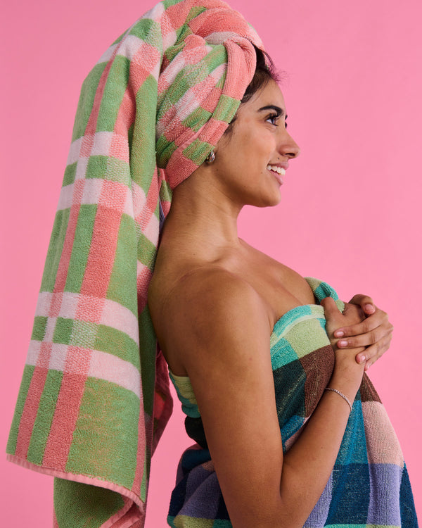 Pistachio Tartan Terry Bath Sheet / Beach Towel
