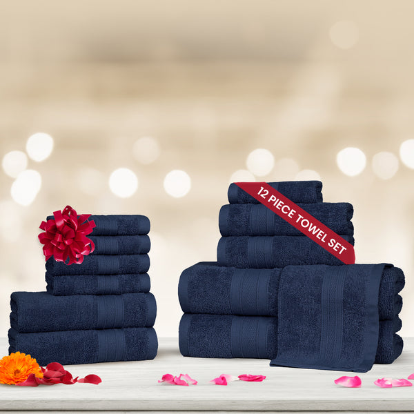Soft Comfort 12Pc Towel Set, Navy|509 GSM Cotton|Air Rich Technology