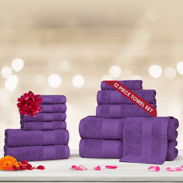 Soft Comfort 12Pc Towel Set, Plum|509 GSM Cotton|Air Rich Technology