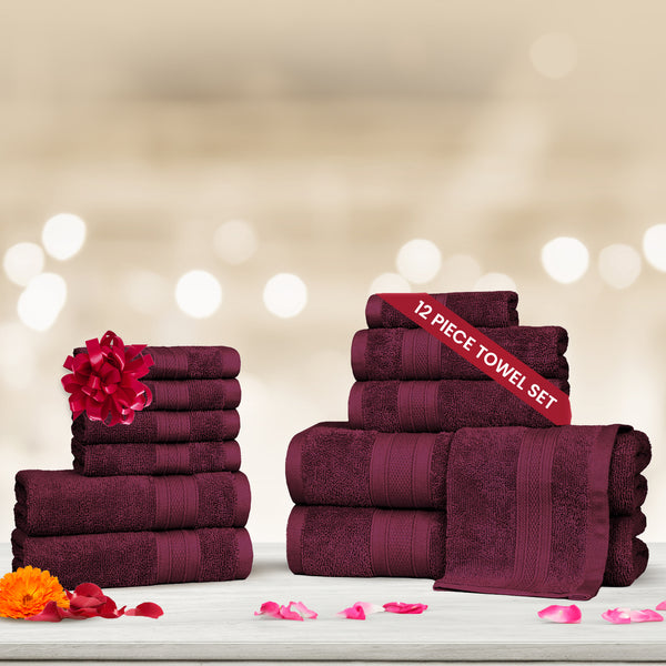 Soft Comfort 12Pc Towel Set, Red Wine|509 GSM Cotton|Air Rich Technology